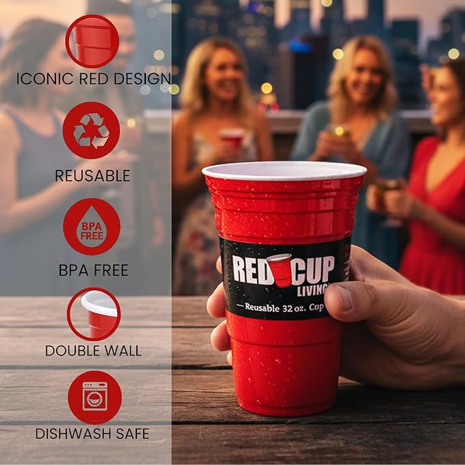Red Cup Living 32Oz Tumbler, Insulated Reusable Plastic Drinking Glasses, Summer Cup, Beer Stein, Travel Coffee Tumbler for Hot & Cold Drinks, Water Container Kitchen Cup, Party Essentials Pack of 4