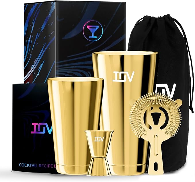 IOV Boston Cocktail Shaker Bar Set, Bartender Kit Drink Mixer Set with 18 oz & 28 oz Boston Shakers, Hawthorne Strainer, Double Jigger, Bar Tool Kit and Recipe Booklet - Gold