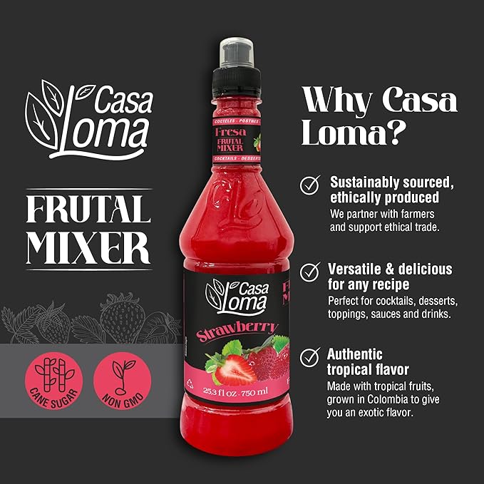 Casa Loma Premium Strawberry Syrup – 750 ml Authentic Colombian Gourmet Artisan Crafted Syrup Sauce for Beverages, Desserts, Cooking & Mixology, Made with Real Fruit, Vegan, Non-GMO, and Gluten-Free