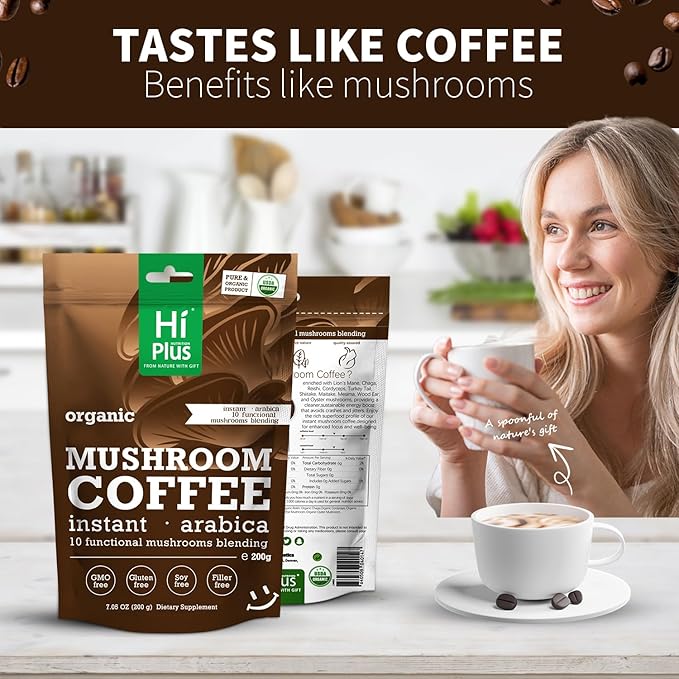 Organic 10-in-1 Mushroom Coffee Powder with Lion’s Mane & Reishi, Instant Arabica Blend for Smooth Energy, Focus & Immune Support, Low-Acid, 80 Servings