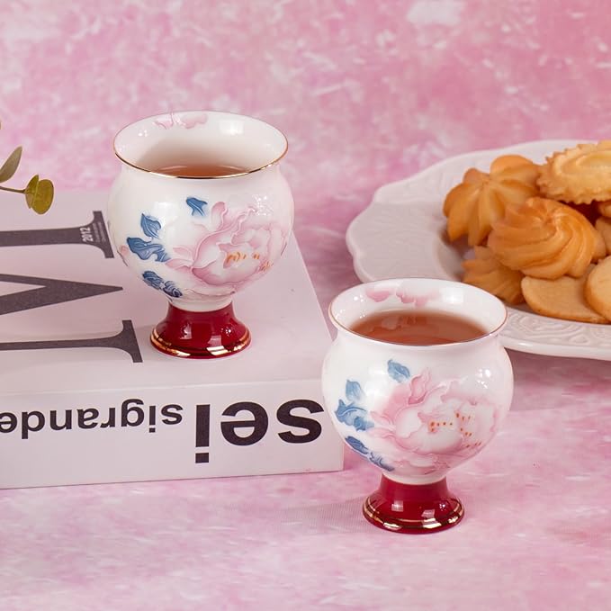 KAMMAK Red Makeup and Youth - Big-bellied, high-footed Cup,Tea Cup 3.2oz Small Tea Cups Set of 2, Red Porcelain Tea Cup Set,Asian Ceramic Teacups for Home, Party, Office