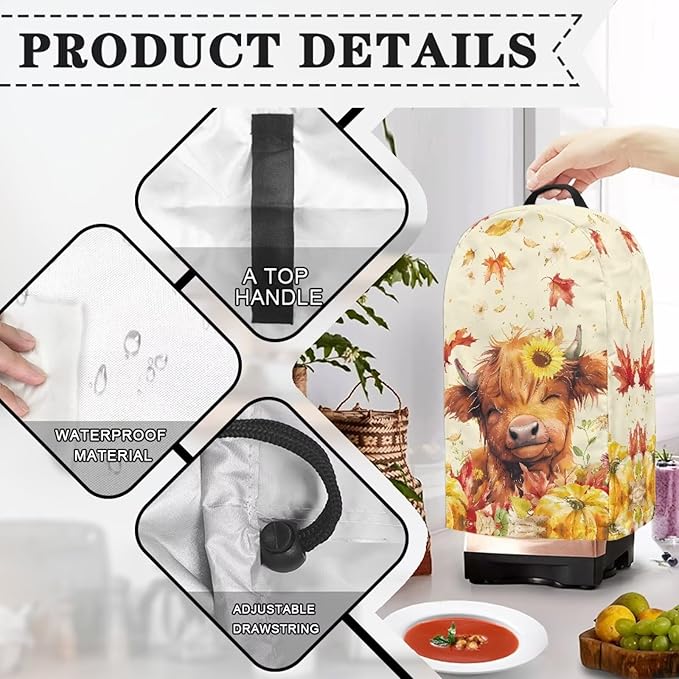 Autumn Highland Cow Blender Dust Cover with Drawstring Stand Mixer or Coffee Maker Cover Anti Fingerprint Polyester Appliance Cover for Home Kitchen Decor
