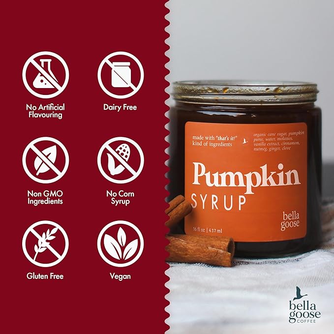 Bella Goose Pumpkin Syrup (16oz) - Homemade Pure Cane Sugar Syrup for Lattes, Matcha, Desserts & Ice Cream - Clean Ingredient - No Artificial Flavors, Dyes or Preservatives - Syrups for Coffee Drinks