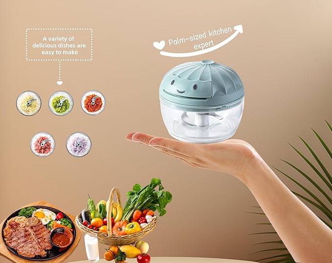 Manual Food Processor Vegetable Chopper, Mini Hand Pull String Garlic Chopper Onion Cutter for Veggies, Ginger, Fruits, Nuts, Avocado, garlic etc., Food Safe Material, 160ml (blue)