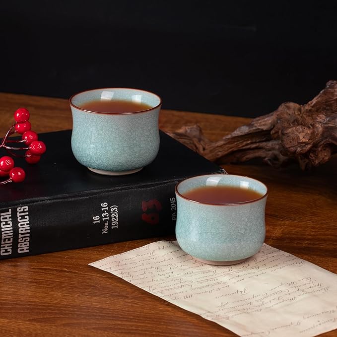 KAMMAK Tea Cup Set of 2 Porcelain Small Tea Cups 3.2oz Japanese Tea Cup Set, Asian Ceramic Teacups for Home, Party, Office, Chinese Kung Fu Tea Set for Hot/Cold Drink (Waist- Ice Crackle Glaze)