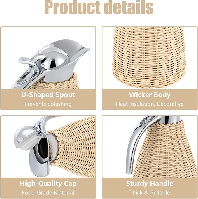Stainless Steel Coffee Thermal Carafe, 50 Oz/1.5 L Woven Rattan Insulated Coffee Carafe Double Walled Vacuum Insualted 20 Hour Heat Cold Retention (White)