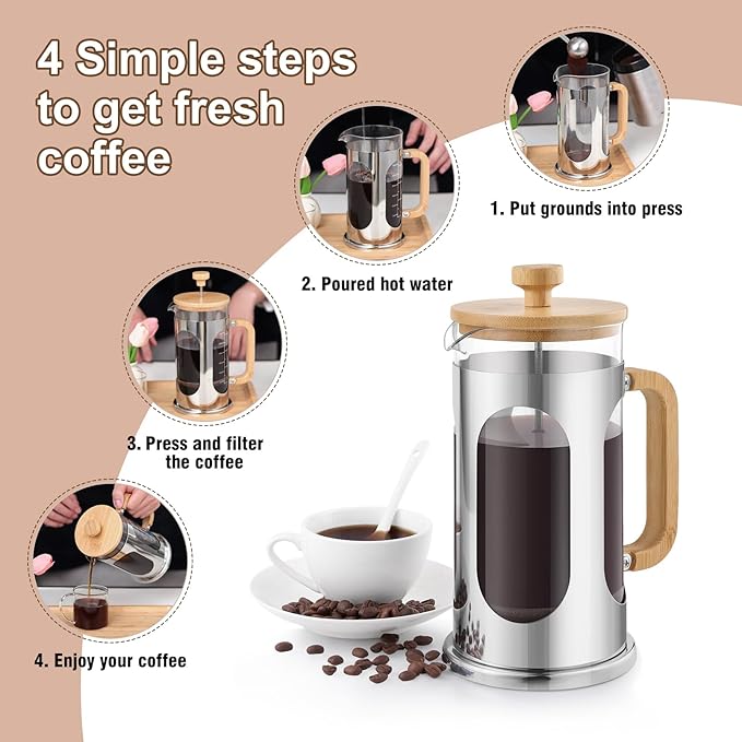 Sivaphe 8 cup French Press Coffee Maker No-Plastic, Borosilicate Glass Bamboo Lid and Handle Coffee Tea Press 34 oz