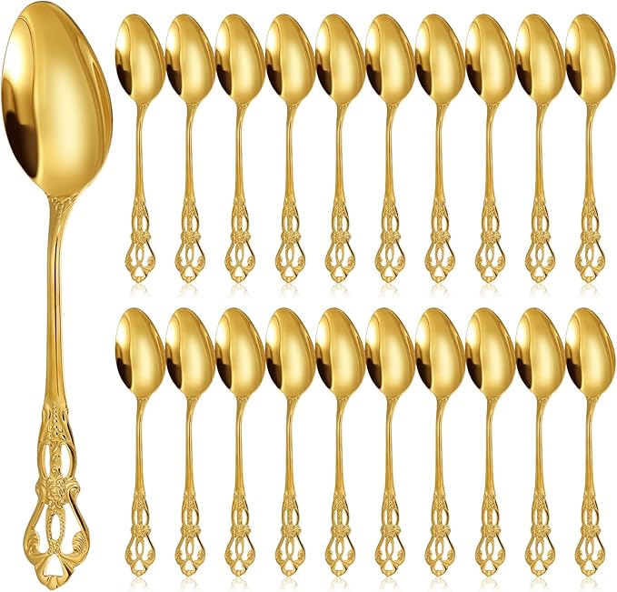 Dandat 20 Pcs 6.6" Gold Luxury Teaspoons Stainless Steel Gorgeous Tea Party Spoons Dessert Spoons for Stirring Coffee Sugar Drink Kitchen Cafe Bar Wedding Tableware, Vintage Style