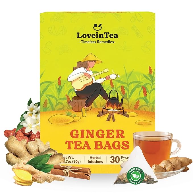 LoveinTea Ginger Herbal Tea Bags, 100% Natural Vietnamese Ginger Blend, Plant-Based Pyramid Bags, 30 Count