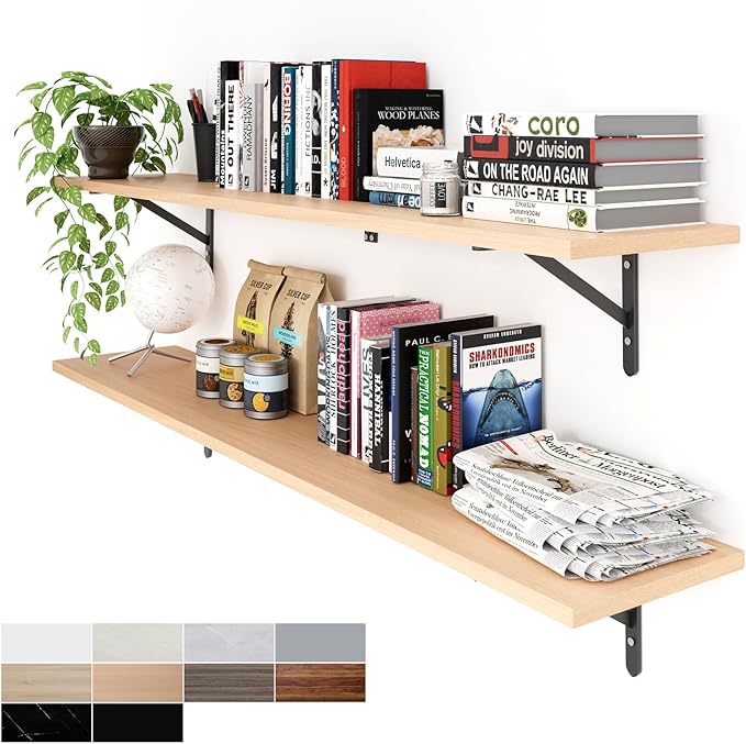 Kaboon 55 inch Long 10 inch Deep Floating Shelves for Wall Set of 2, Large Open Shelves Wall Mounted, Space Saving Home and Commercial Use, Light Walnut