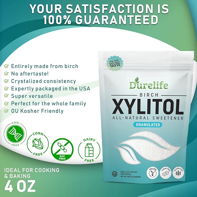 DureLife XYLITOL Sugar Substitute 4 OZ Made From 100% Pure Birch Xylitol NON GMO - Gluten Free - Kosher,Natural sugar alternative, (4OZ SAMPLE SIZE)