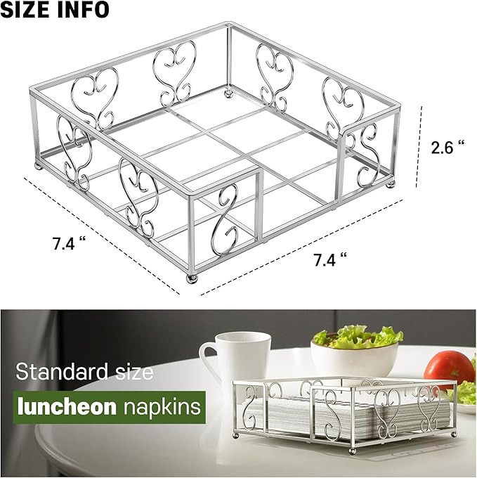 Flat Napkin Holder for Table – Silver Square Dispenser for Paper Napkins, Modern Metal Caddy for Kitchen or Dining, Iron Weighted Organizer, Kitchen Dining Room Decor 7.4 x 7.4 Inch