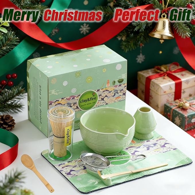 Clay&Fire Matcha Whisk Set, Ceramic Matcha Set, Matcha Bowl with Spout and Whisk, 9 pcs Matcha Tea Kit for Matcha Lovers, Ideal Gift Christmas, Birthday (Green)