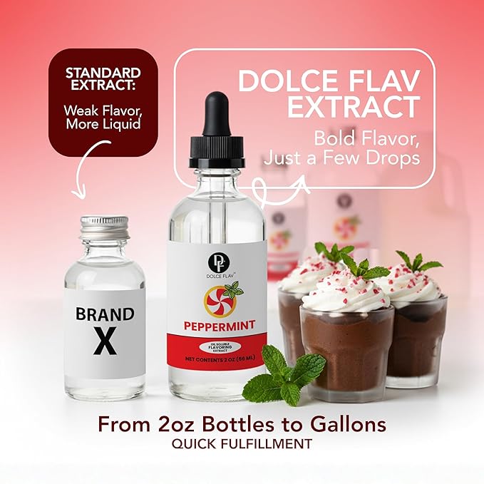 Dolce Flav Natural Peppermint Extract – 2 Ounce Oil-Soluble Kosher, Sugar-Free, Concentrated Pure Mint Flavor for Hard Candy, Chocolates & Baking, Includes Measured Dropper