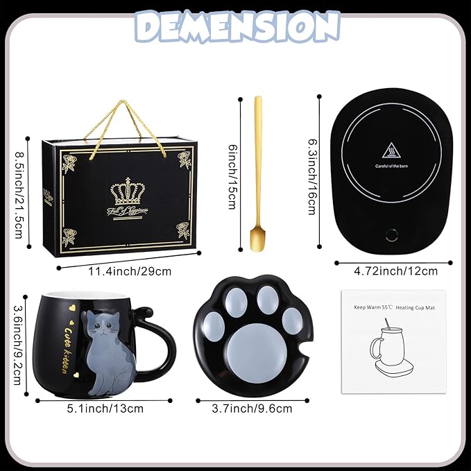 Honeydak Coffee Mug Warmer Cute Cat Mug Set Cup Warmer for Desk for Women Heated Coffee Warmer for Mom Home Office Christmas Birthday Gifts(Black)
