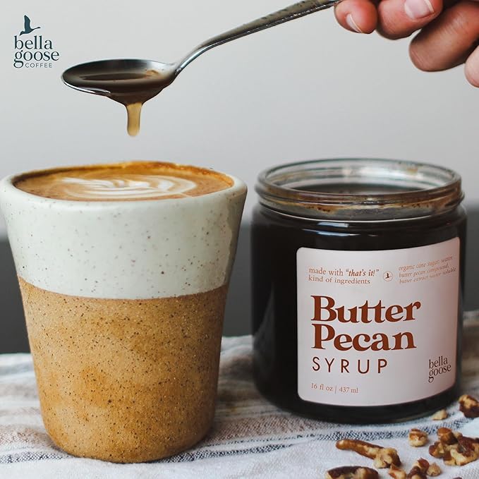 Bella Goose Butter Pecan Coffee Syrup Jar (16oz) - Homemade Pure Cane Sugar Syrup for Lattes, Matcha, Desserts - Clean Ingredient - No Artificial Flavors - Syrups for Coffee Drinks