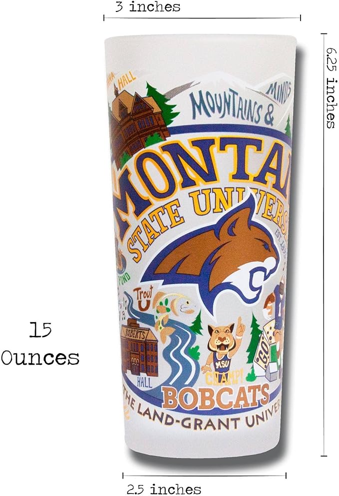 Catstudio Drinking Glass, Montana State University Glass Cup for Kitchen, 15oz Dishwasher Safe Tumbler for MSU Alumni