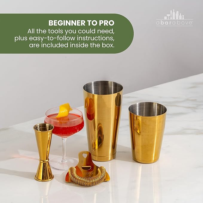 A Bar Above Cocktail Shaker Set, 4-Piece Professional Bartender Kit with Boston Shaker, Strainer, Jigger, and Bar Spoon, Stainless Steel Bar Accessories for Craft Cocktails, Black