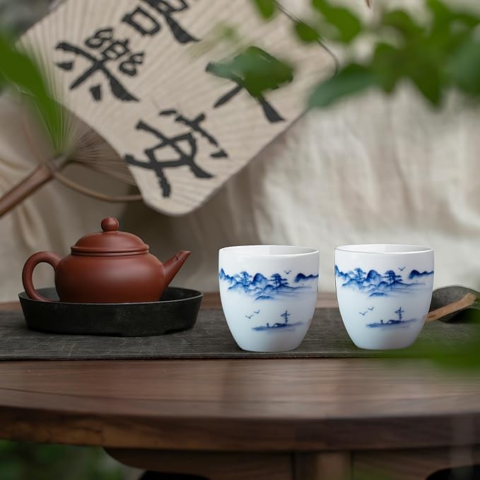 KAMMAK Tea Cup, 4oz Small Tea Cups Set of 2, White Porcelain Tea Cup Set for Home, Party, Office, Ceramic Teacups, Chinese Kungfu Tea Set for Hot/Cold Drink (Gradient Landscape)