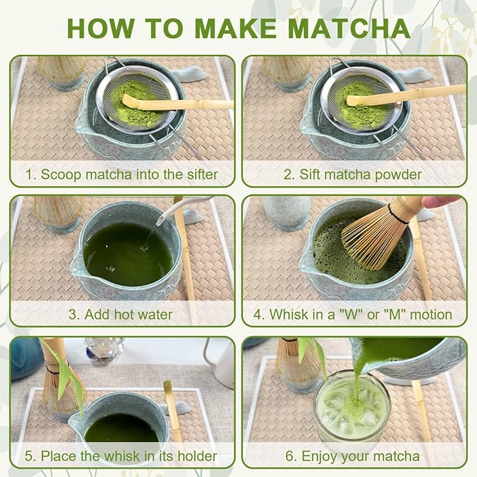 Matcha Whisk Set–7pcs Japanese Matcha Set Kit with Matcha Bowl, Bamboo Whisk, Whisk Holder, Scoop, Towel &Sifter–Perfect for Tea Ceremonies&Matcha Lovers (Mountain Relief-Mottled Green)