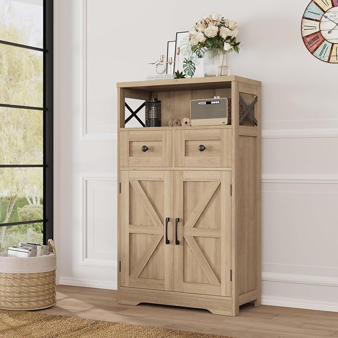 Natural Wood Storage Cabinet with Drawers and Shelves, Standing Kitchen Pantry Cabinet, Floor Storage Cabinet Hutch Cupboard, Coffee Bar Station for Dining Living Room Home Office