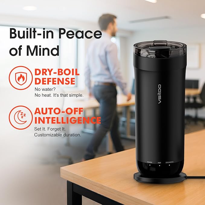 VSITOO S5 heated travel mug,16oz, Auto-Sensing AI Heats Drinks To 120-150°F Hands-Free. Temperature Control for All Cars, Perfect for Home/Office/Travel/Outdoor, Ideal Gift for Coffee Lovers - Black