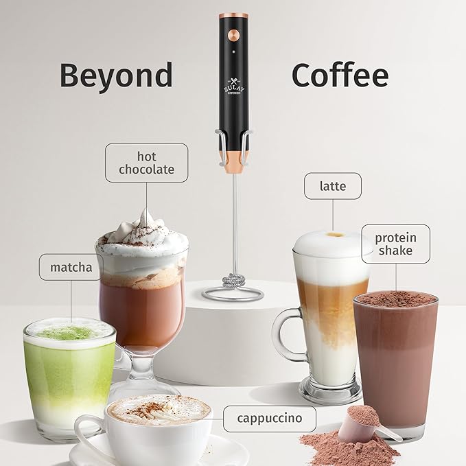 Zulay Kitchen Lux Electric Milk Frother Rechargeable Handheld - Powerful 2-Speed Motor, Waterproof, 2000mAh Battery - Drink Mixer for Latte, Cappuccino, Matcha & Protein Powder - Jet Black Copper