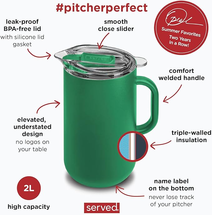 Served Premium Insulated Pitcher (2L/66oz) - Double Walled, Copper Lined Stainless Steel Pitcher with Lid - Vacuum Insulated Carafe for Hot Coffee, Tea, Iced Drinks, Water, Cocktails, and More