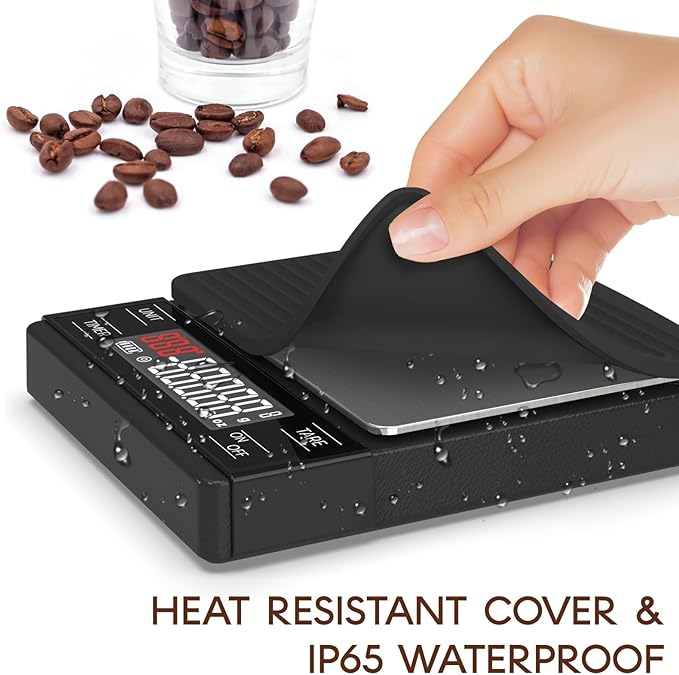 MAXUS Coffee Scale with IP65 Waterproof Design, USB Rechargeable 1000mAh Battery, Espresso Scale with Timer 2kg/0.1g High Precision, Ideal for Brewing and Pour-Over Coffee