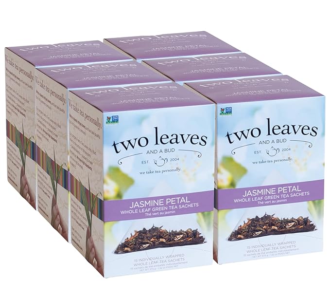 Two Leaves and a Bud Jasmine Green Tea Bags, 15 Count (Pack of 6) Whole Leaf Green Tea in Pyramid Sachet Bags, Compostable Sachets, Delicious Hot or Iced with Milk or Sugar or Honey or Plain