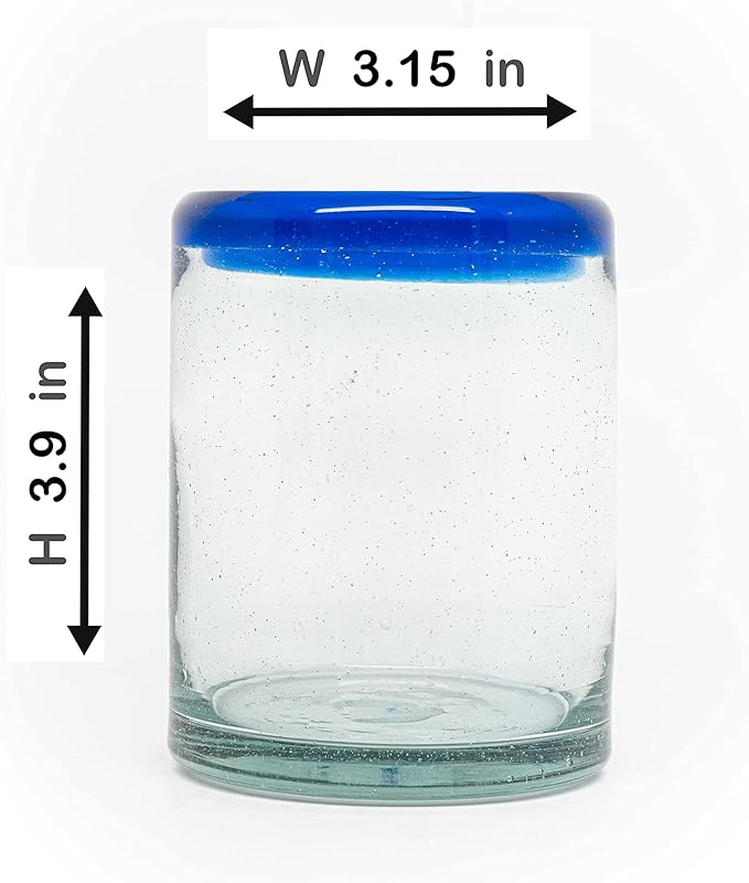 Set of 6 Hand-Blown Tumbler (10 oz) Glasses from Mexico with Cobalt Blue Rim - Rustic & Handcrafted Recycled Bubble Glass Drinking Glassware