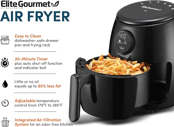 Elite Gourmet EAF2612D Personal 2.1Qt Compact Space Saving Programmable Hot Air Fryer, Oil-Less Healthy Cooker, Timer & Temperature Controls, 1000W, Black