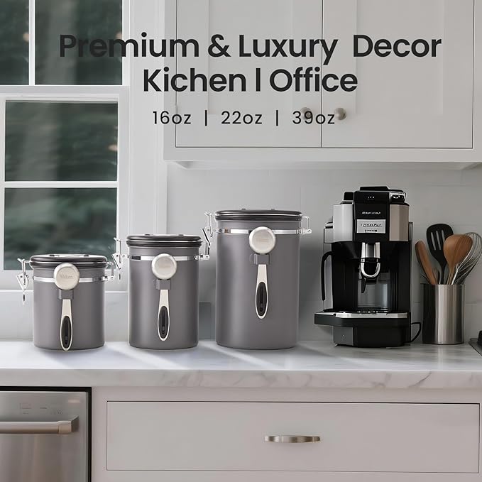 Veken Coffee Canister, 39OZ Large, Airtight Stainless Steel Food Storage Container for 2.2lbs Coffee Beans,Ground, Sugar,Espresso,Rice,Tea,Flour, Cereal,Home Kitchen Pantry Bar Accessories, Gifts,Gray