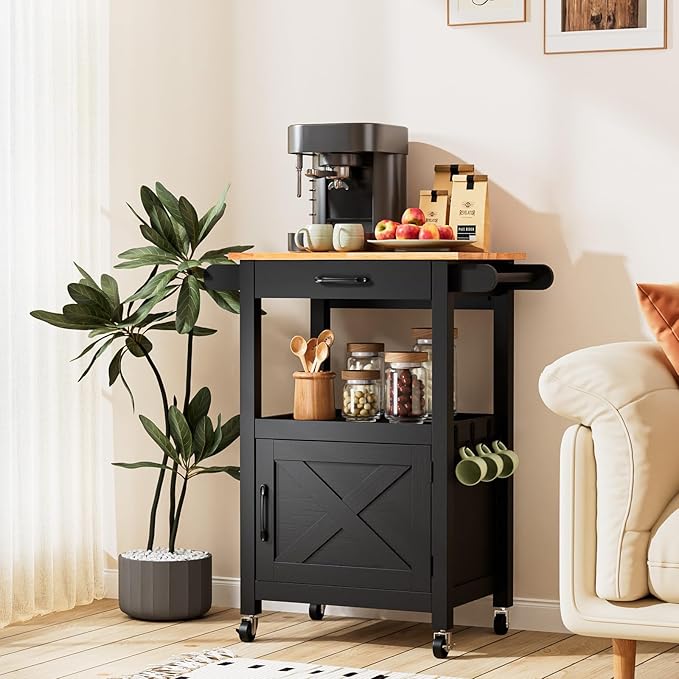VINGLI Rolling Kitchen Cart with Microwave Stand, Storage Cabinet & Drawer, Coffee Cart with Side Hooks & Towel Rods, Small Kitchen Island on Swivel Wheels, Black