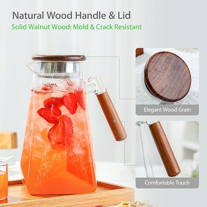 1.8 Liter 60 oz Glass Pitcher with Wooden Lid & Handle - Heat-Resistant Borosilicate Jug with Trident Star Design, Perfect for Iced Tea, Lemonade, Cold Brew & Party Drinks (Clear, 60 oz)