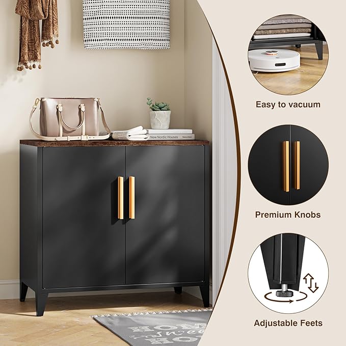 Letaya Metal Storage Cabinet with 2 Doors and Shelves 16" Dx 32" Wx30 H,Small Buffet Sideboard Short Cabinet for Kitchen Dining,Office Credenza Locker Modern Coffee Bar,Entryway Bathroom(Black)
