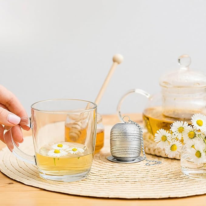 Tea Ball Infuser for Loose Tea, Extra Fine Mesh Stainless Steel Teas Strainers with Extended Chain Hook and Drip Tray for Black Teas, Rooibos, etc