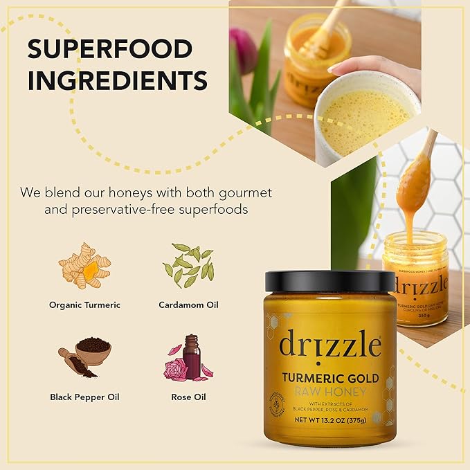 Drizzle Turmeric Gold Raw Honey - All Natural Pure Raw Honey with Organic Turmeric, Unfiltered, Use in Tea, Golden Milk, & Coffee, Sugar Substitute, Certified Kosher - 13.2 oz Jar (375 g), Pack of 2