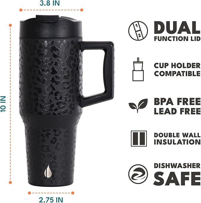 Elemental 32 oz 100% Leak Proof Tumbler with Handle & Straw - Stainless Steel Double Wall Insulated Tumbler for Hot and Cold Beverages - Travel Coffee Mug with Sip & Straw Lid - Black Leopard