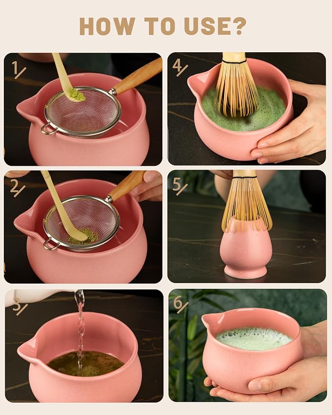Nucookery Matcha Whisk Set - 5 Pcs Matcha Set with 18oz Ceramic Matcha Bowl (Chawan) with Spout, Bamboo Whisk & Holder, Scoop and Sifter | Complete Matcha Kit for Japanese Tea Ceremony (Pink)
