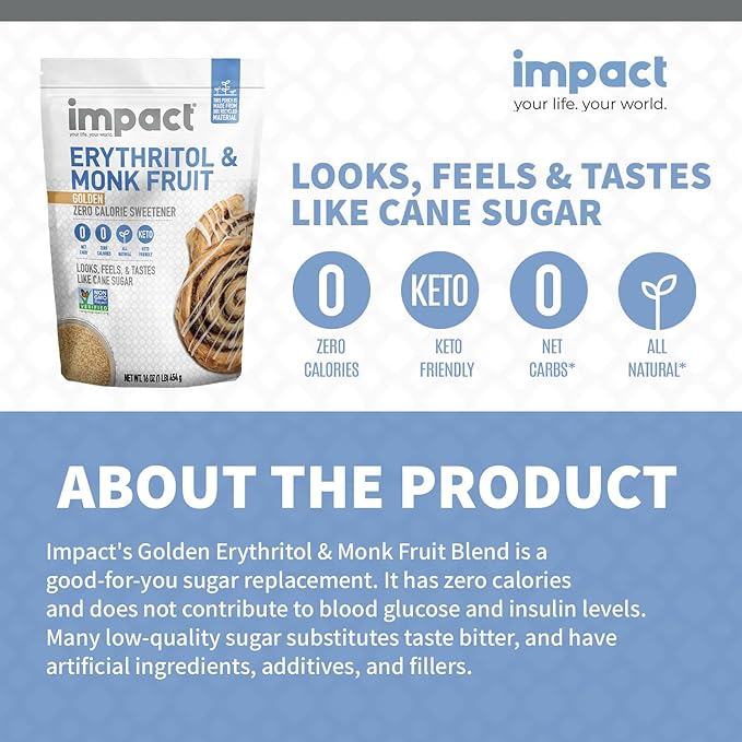 Impact - Golden Erythritol & Monk Fruit - Zero Calorie Sweetener, Sugar-Free, Non-GMO, Net Carb Free, Zero Glycemic, Baking Use - 1lb Resealable Bag