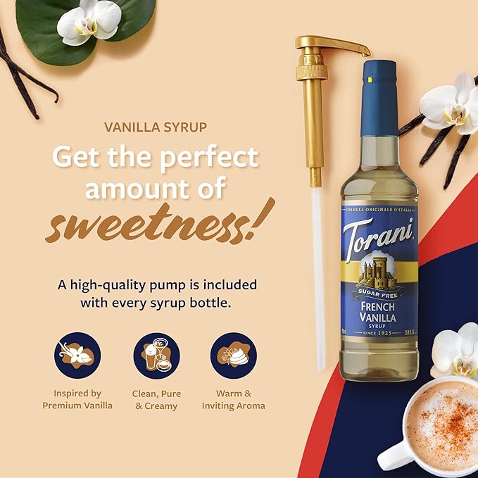 Torani Sugar Free Coffee Syrup, French Vanilla Flavored Syrup for Drinks, Zero Calorie, Pump Included, 25.4 Fl Oz