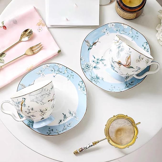 Bone China Tea Cup and Saucer Set, Bone China Coffee Cups and Saucers, Vintage Blue and White TeaCups snd Saucers Gift for Mom Friend Tea Party (light blue)
