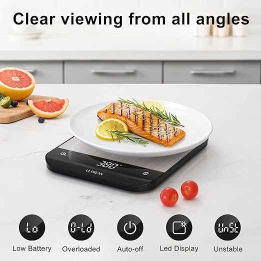 Ultrean Food Scale, Digital Kitchen Scale with LED Display, Weight Grams and Ounces for Baking Cooking, 6 Units with Tare Function, 304 Stainless Steel, 11lb (Batteries Included)