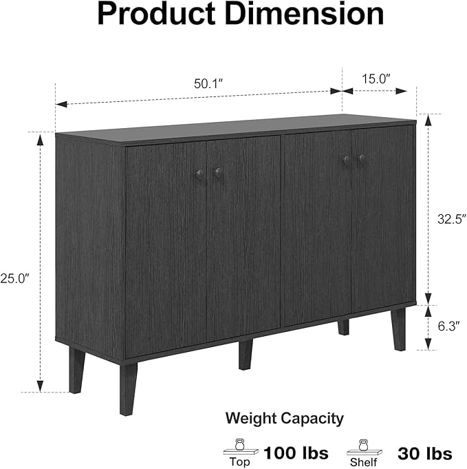 Panana Sideboard Buffet Cabinet Kitchen Storage Cabinet Living Room 4 Doors Console Table (Black)