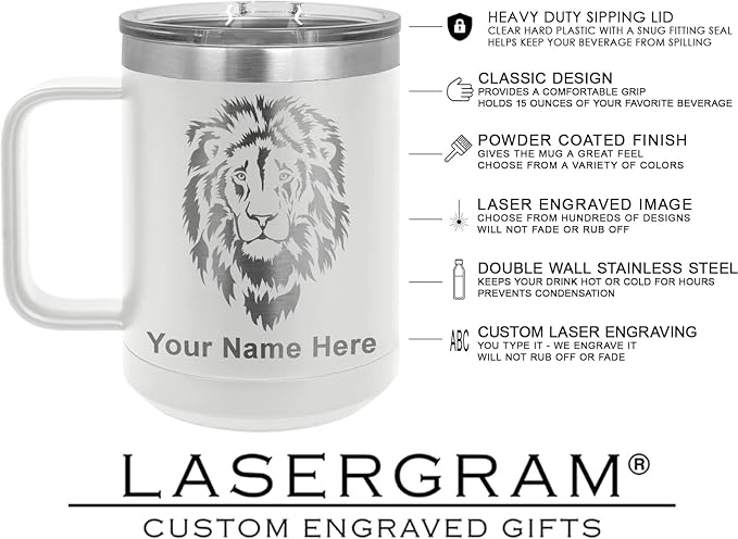 LaserGram 15oz Vacuum Insulated Coffee Mug, Sushi, Personalized Engraving Included (White)