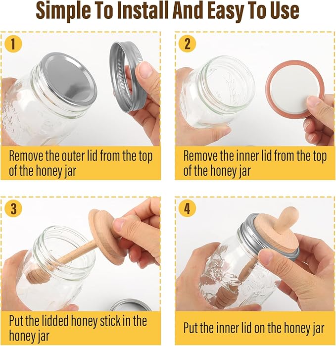 Wooden Mason Jar Honey Dippers - Honey Dipper Wooden Stick for Regular Mouth Mason Jars, Honey Spoon Mason Jar Honeycomb Lid for Regular Mouth 16 oz Mason, Ball Jars (1X Honey Dippers Standard 16OZ)