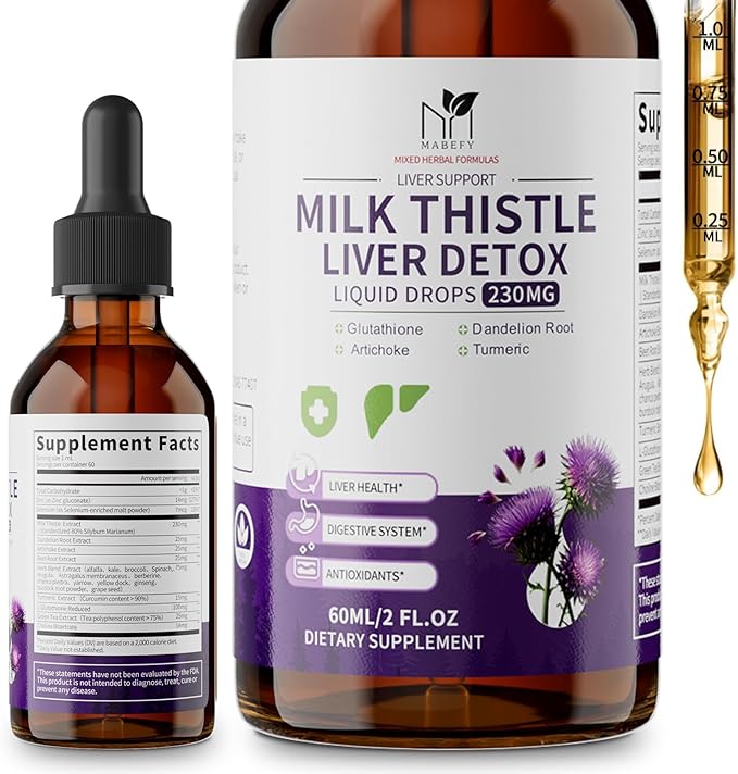 Milk Thistle Liver Support Drops – Liver Cleanse, Detox & Repair Liquid Herbal Supplement with Silymarin, Dandelion, Artichoke & Turmeric – Antioxidant & Natural Support – Non-GMO, Vegan, 2 Fl Oz