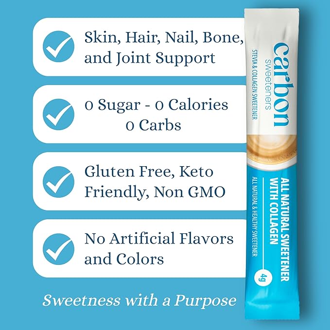 Carbon Sweeteners Stevia Sweetener Sugar Packets with Collagen - Promotes Healthy Joints, Bones, and Skin Health, 30 Count (Pack of 1)