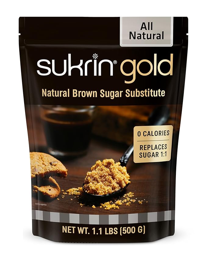 SUKRIN GOLD 100% Natural Sugar Free Brown Sugar Substitute with Erythritol & Stevia Brown Sugar Zero Calorie Sweetener, Granulated Gluten Free Non-GMO Kosher Blood Sugar Vegan Keto Friendly, 1.1LB Bag